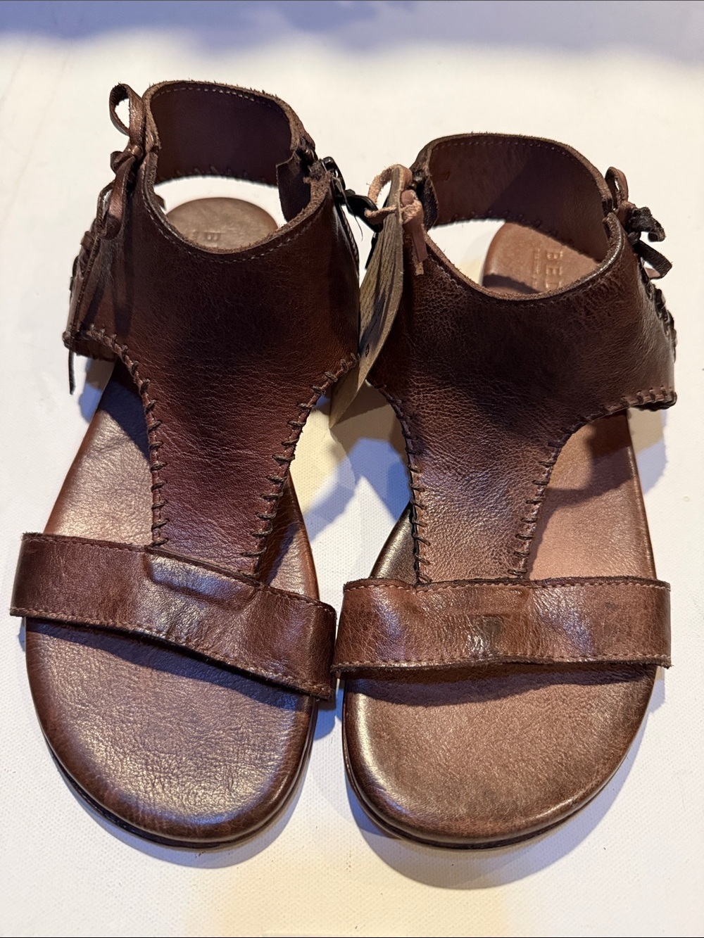 Bed Stu Brown Leather T-Strap Sandals with Ankle Tie